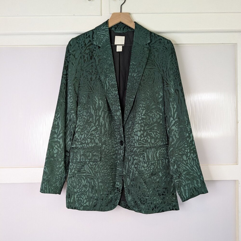 H&M Green Jacquard Leopard Print Blazer Size 8 Holiday Business Career Office